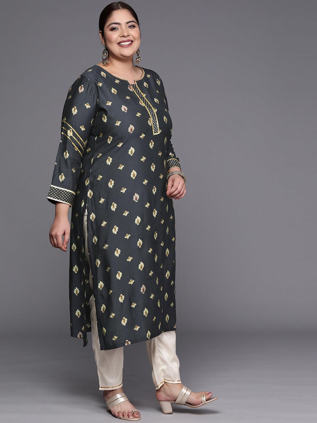 Plus Size Grey Printed Silk Straight Kurta - ShopLibas