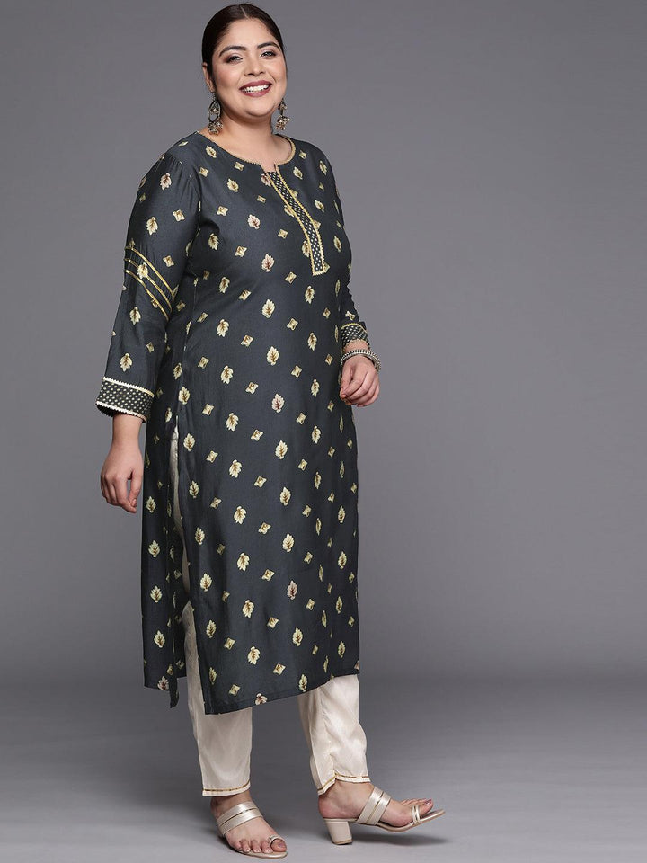 Plus Size Grey Printed Silk Straight Kurta