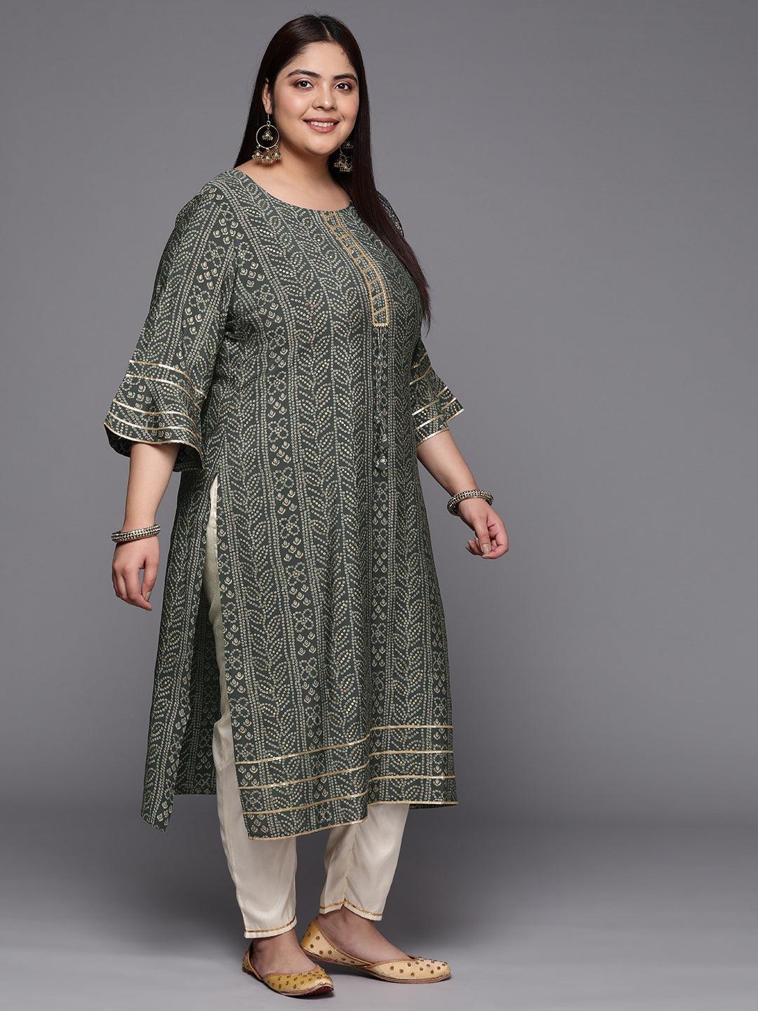 Plus Size Grey Printed Silk Straight Kurta - ShopLibas