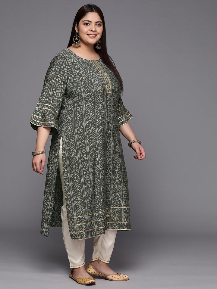 Plus Size Grey Printed Silk Straight Kurta