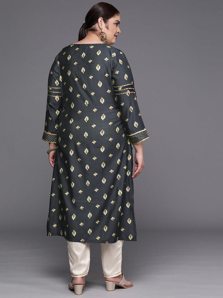 Plus Size Grey Printed Silk Straight Kurta