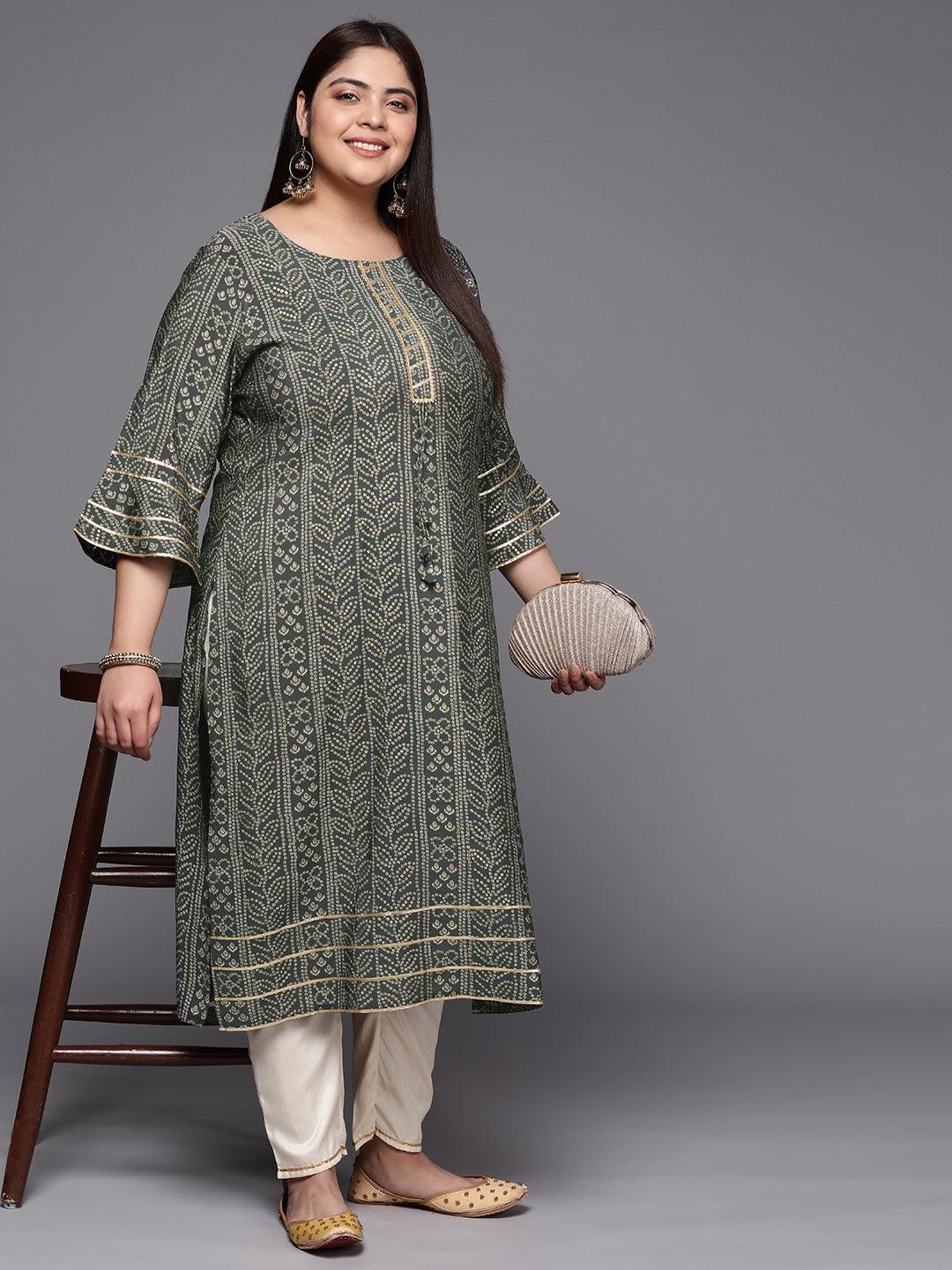 Plus Size Grey Printed Silk Straight Kurta - ShopLibas