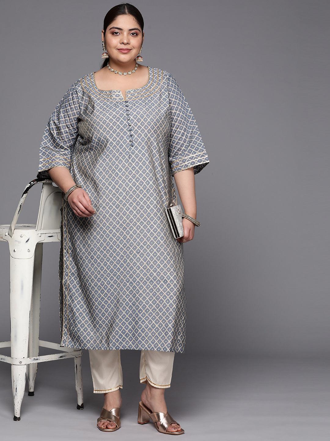 Plus Size Grey Printed Silk Straight Kurta - ShopLibas