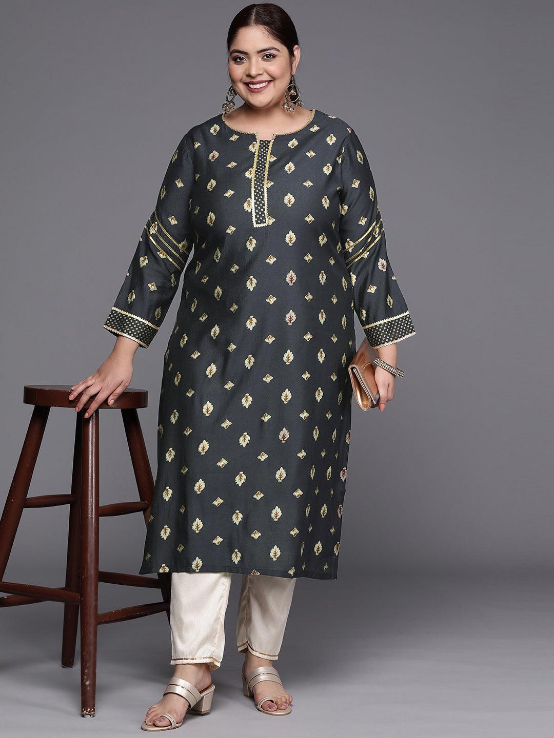 Plus Size Grey Printed Silk Straight Kurta - ShopLibas