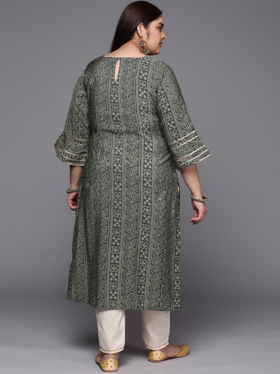 Plus Size Grey Printed Silk Straight Kurta - ShopLibas