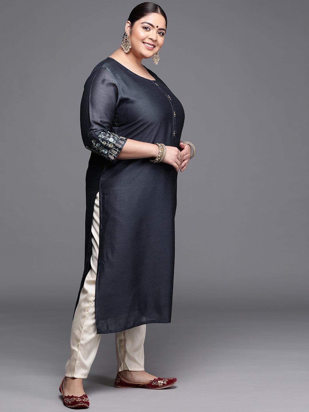 Plus Size Grey Solid Silk Kurta - ShopLibas