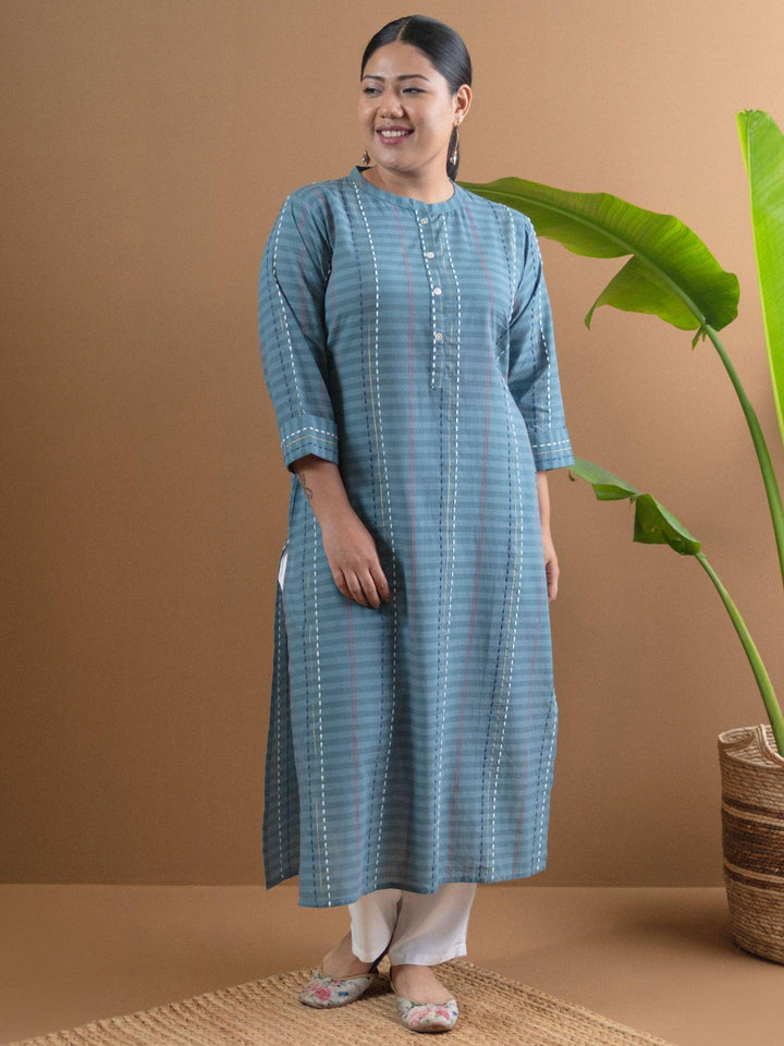 Plus Size Grey Striped Cotton Straight Kurta