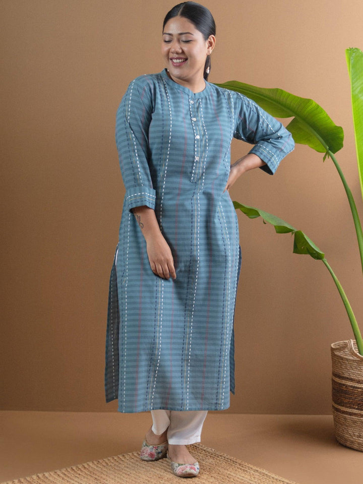 Plus Size Grey Striped Cotton Straight Kurta