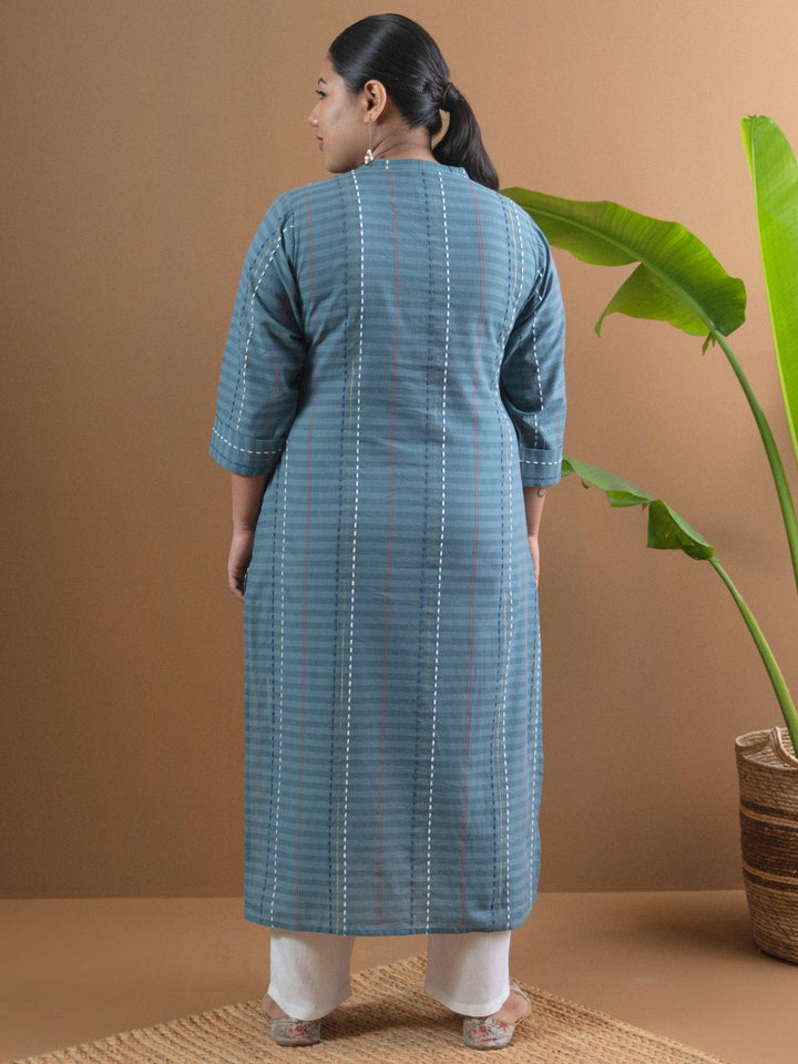 Plus Size Grey Striped Cotton Straight Kurta
