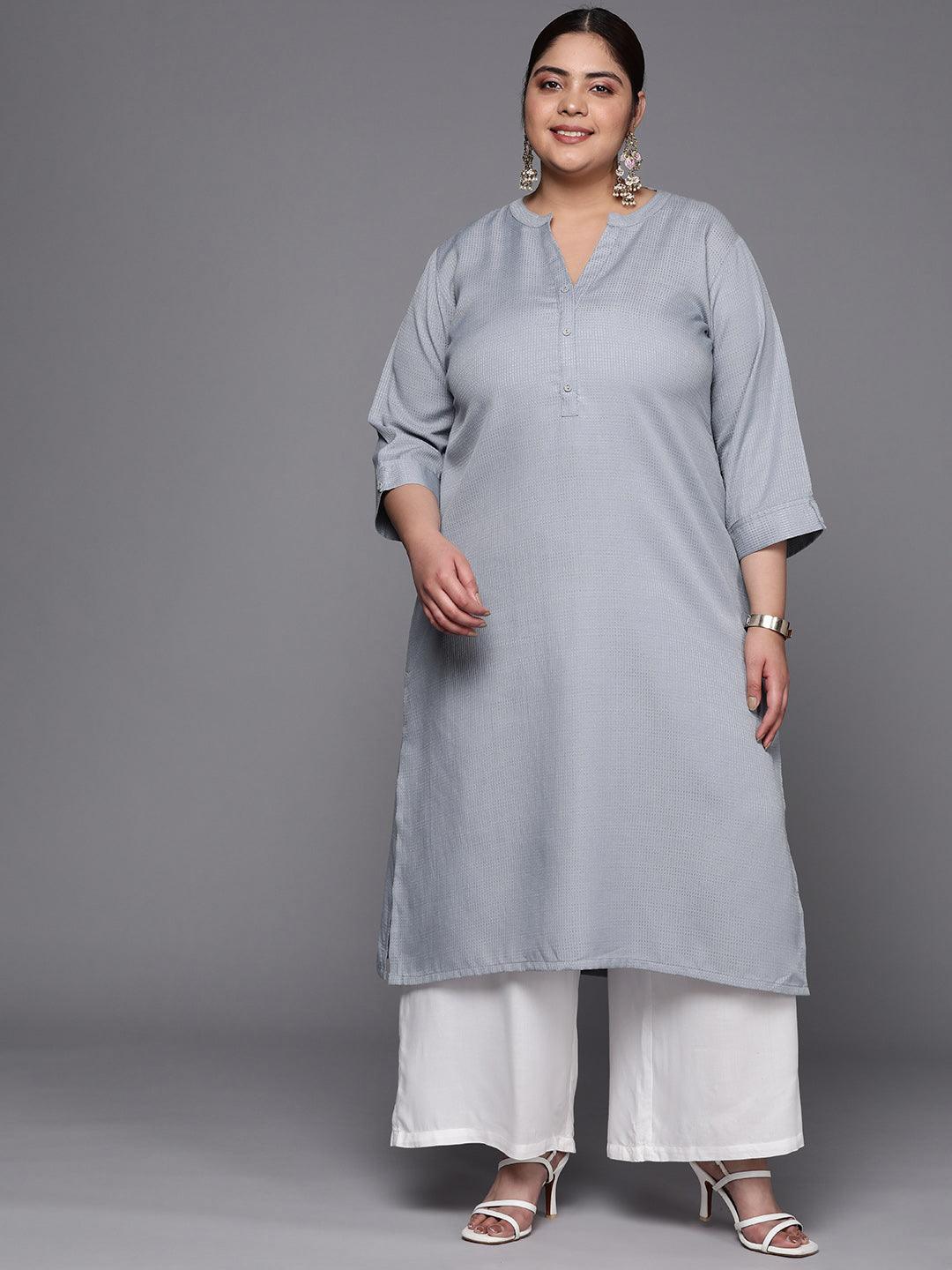 Plus Size Grey Woven Design Rayon Straight Kurta - ShopLibas