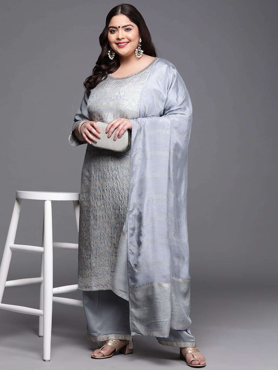 Plus Size Grey Woven Design Silk Blend Suit Set - ShopLibas