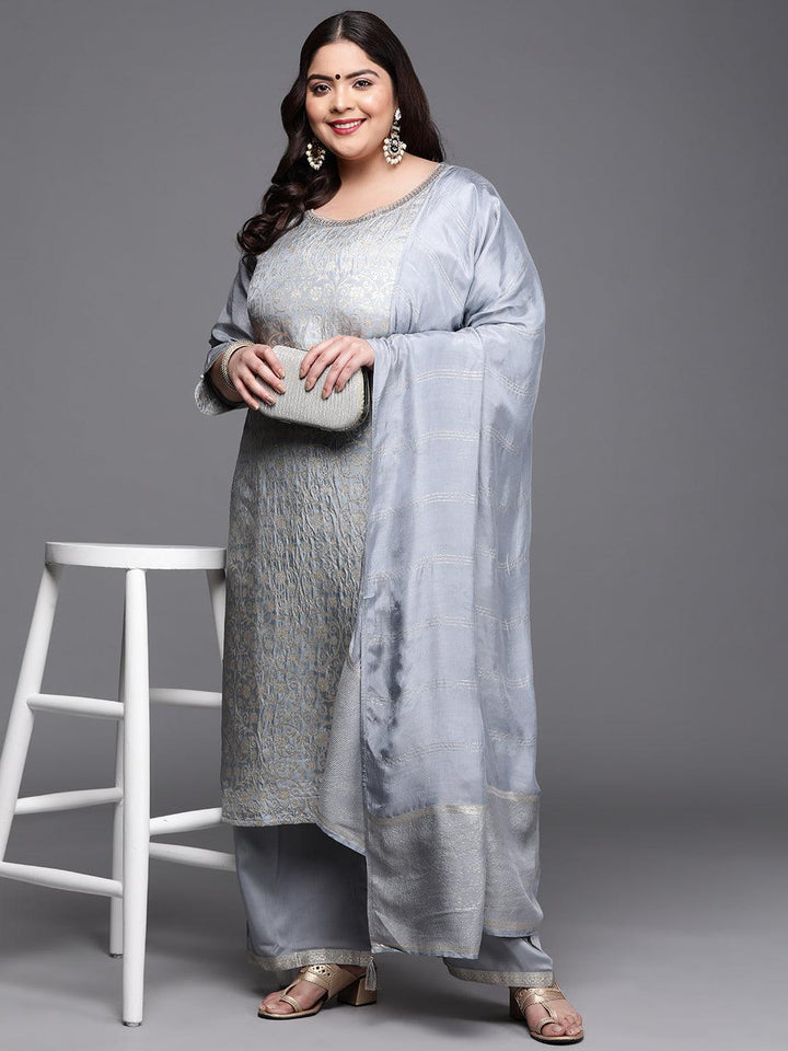 Plus Size Grey Woven Design Silk Blend Suit Set