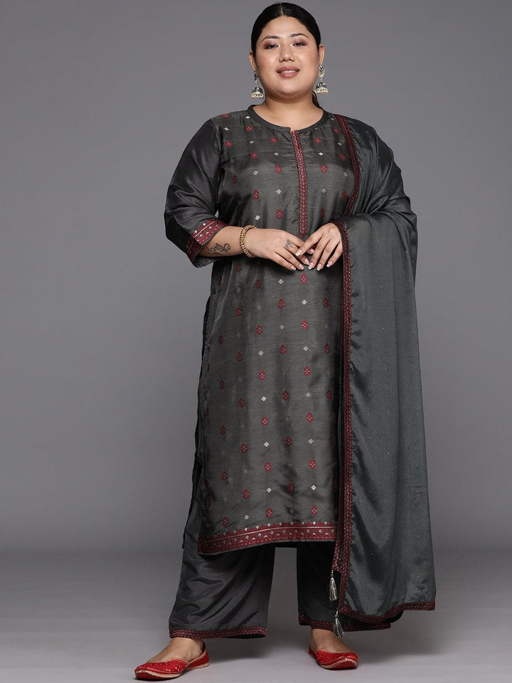 Plus Size Grey Woven Design Silk Blend Straight Kurta With Trousers & Dupatta
