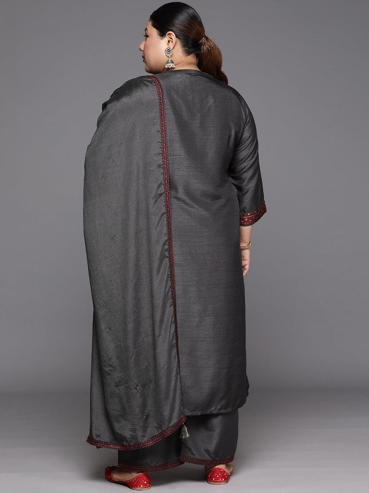 Plus Size Grey Woven Design Silk Blend Straight Kurta With Trousers & Dupatta