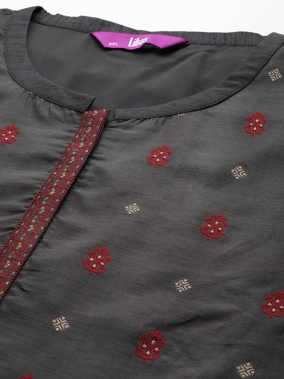 Plus Size Grey Woven Design Silk Blend Straight Suit Set - Libas