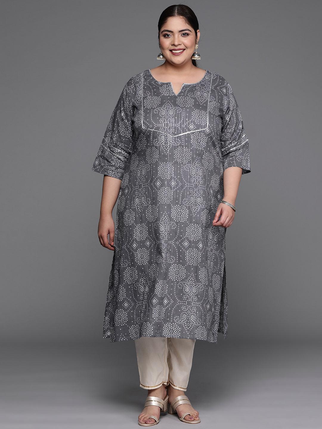 Plus Size Grey Yoke Design Cotton Straight Kurta - ShopLibas