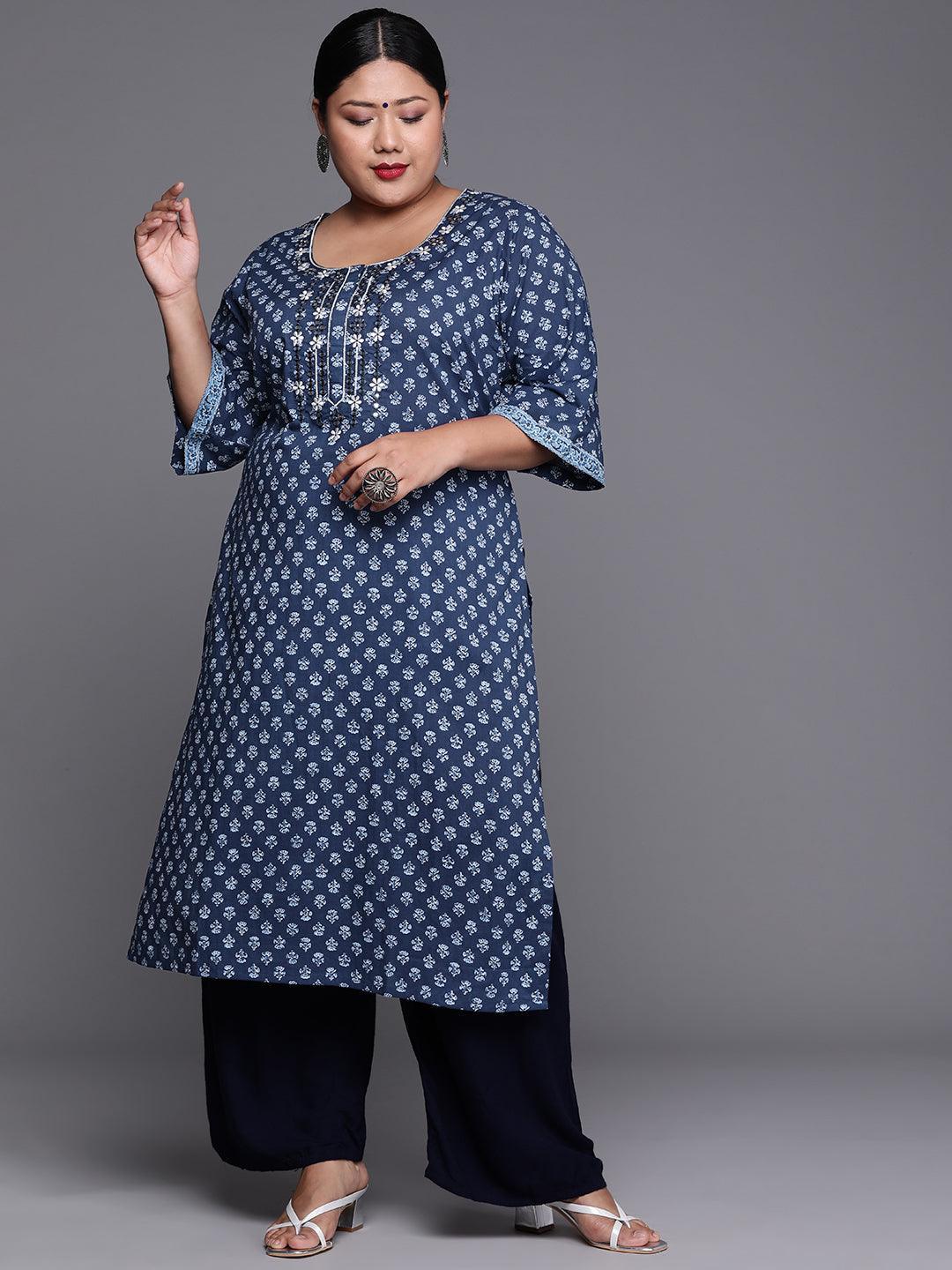 Plus Size Indigo Printed Cotton Kurta - ShopLibas
