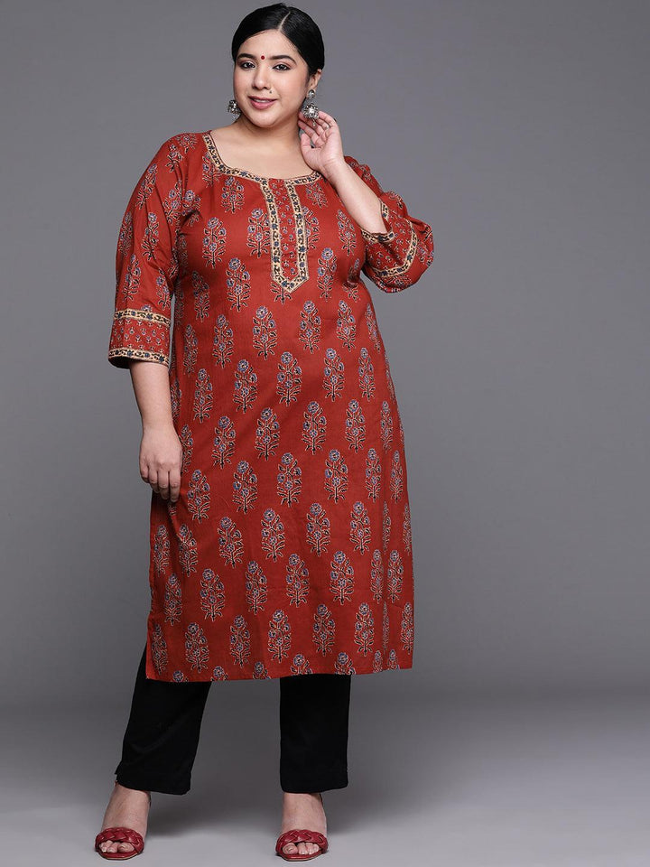 Plus Size Maroon Printed Cotton Kurta