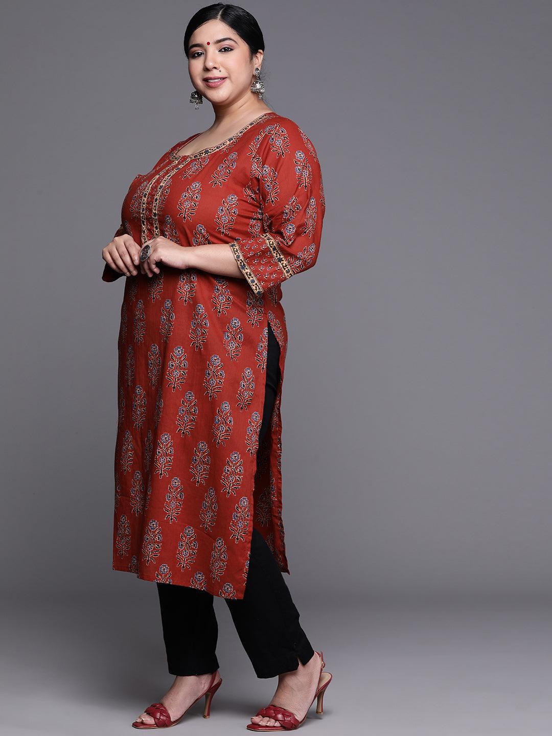 Plus Size Maroon Printed Cotton Kurta - Libas