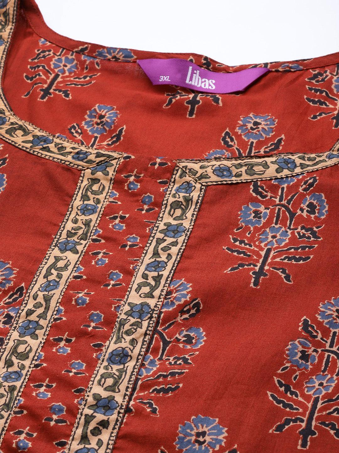 Plus Size Maroon Printed Cotton Kurta - Libas