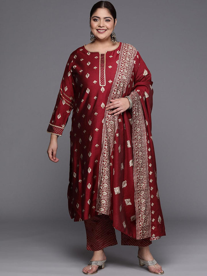 Plus Size Maroon Printed Silk Blend Straight Suit Set