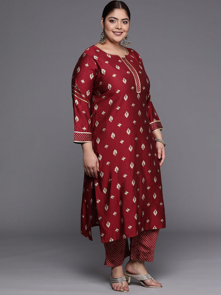 Plus Size Maroon Printed Silk Blend Straight Suit Set