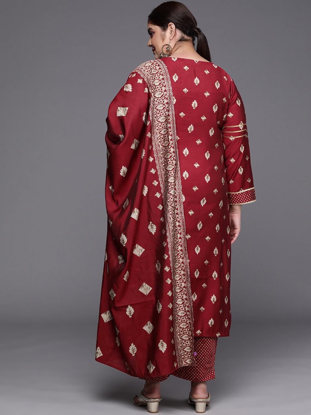 Plus Size Maroon Printed Silk Blend Straight Suit Set - ShopLibas
