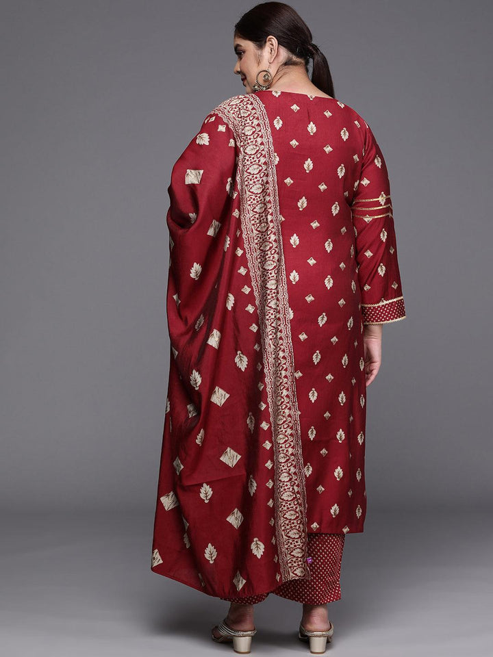 Plus Size Maroon Printed Silk Blend Straight Suit Set