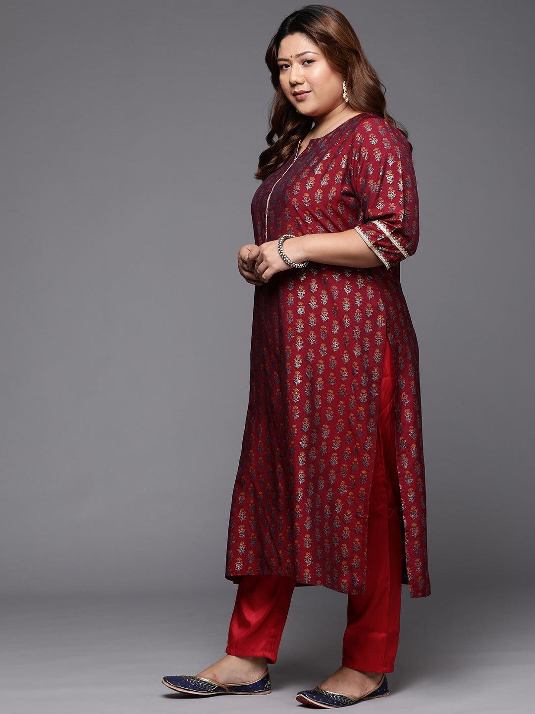 Plus Size Maroon Printed Silk Straight Kurta - ShopLibas