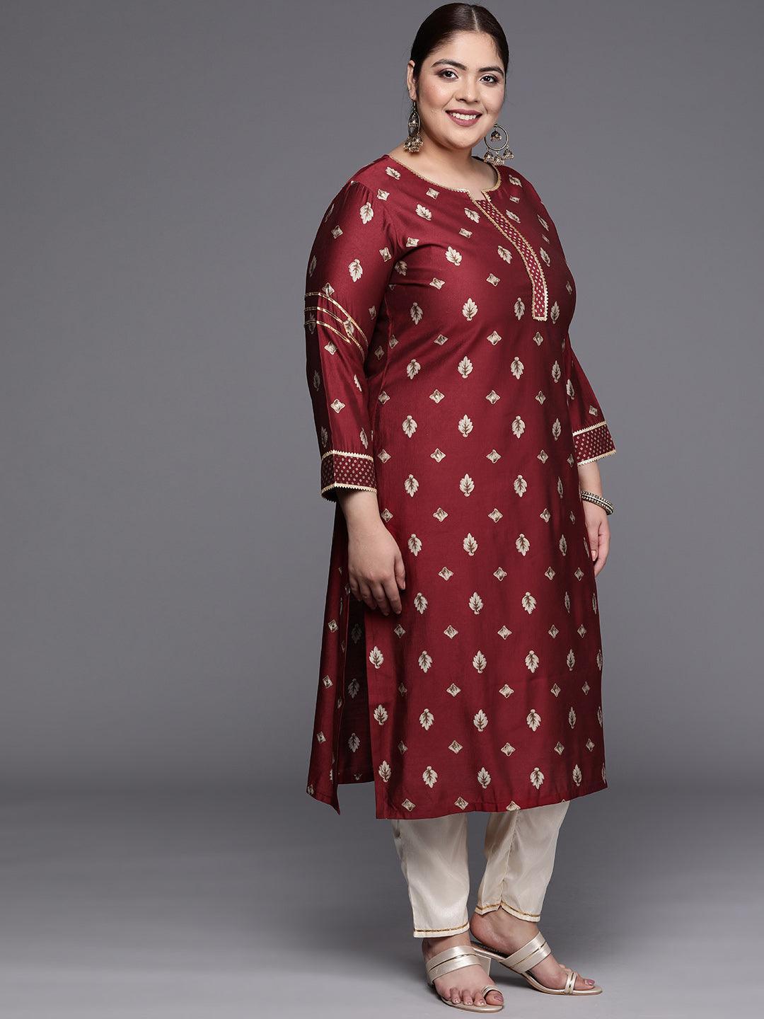 Plus Size Maroon Printed Silk Straight Kurta - ShopLibas