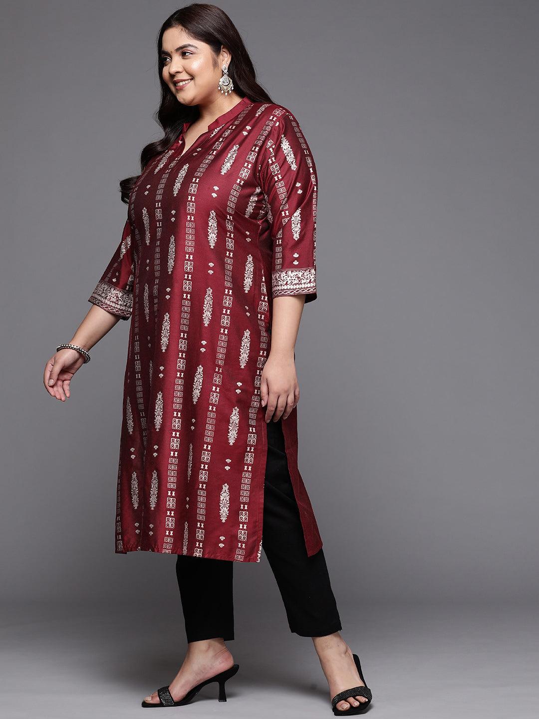 Plus Size Maroon Printed Silk Straight Kurta - ShopLibas