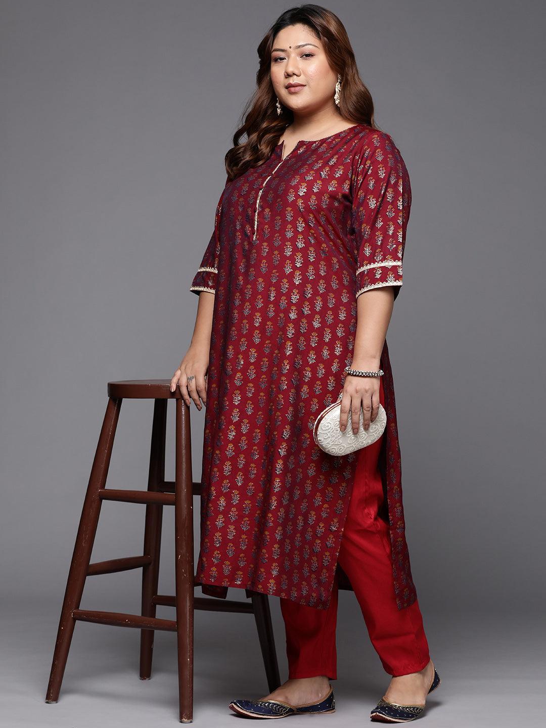 Plus Size Maroon Printed Silk Straight Kurta - ShopLibas