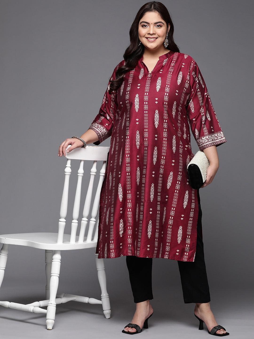 Plus Size Maroon Printed Silk Straight Kurta - ShopLibas