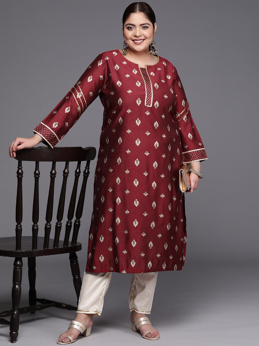 Plus Size Maroon Printed Silk Straight Kurta - ShopLibas