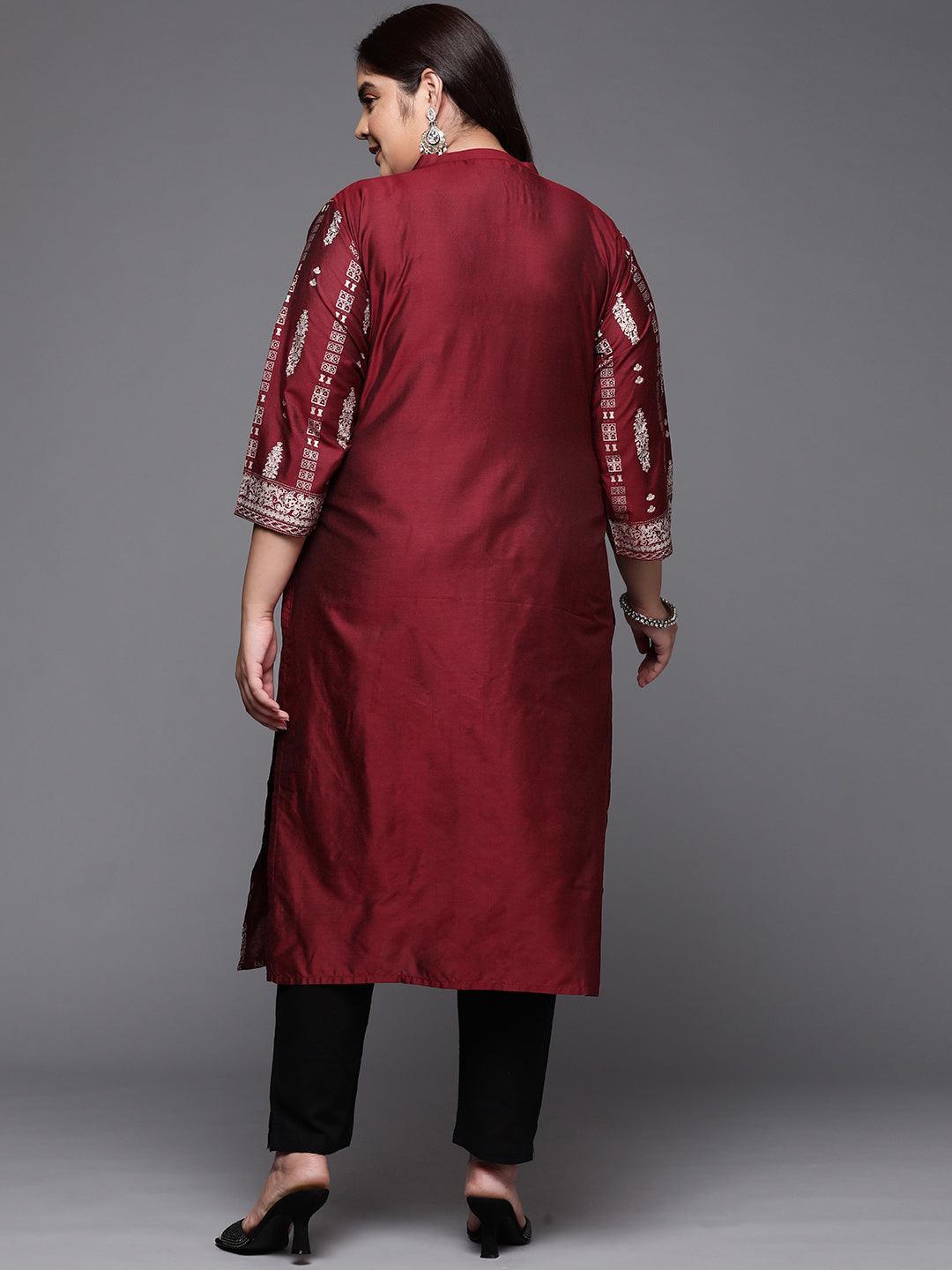Plus Size Maroon Printed Silk Straight Kurta - ShopLibas