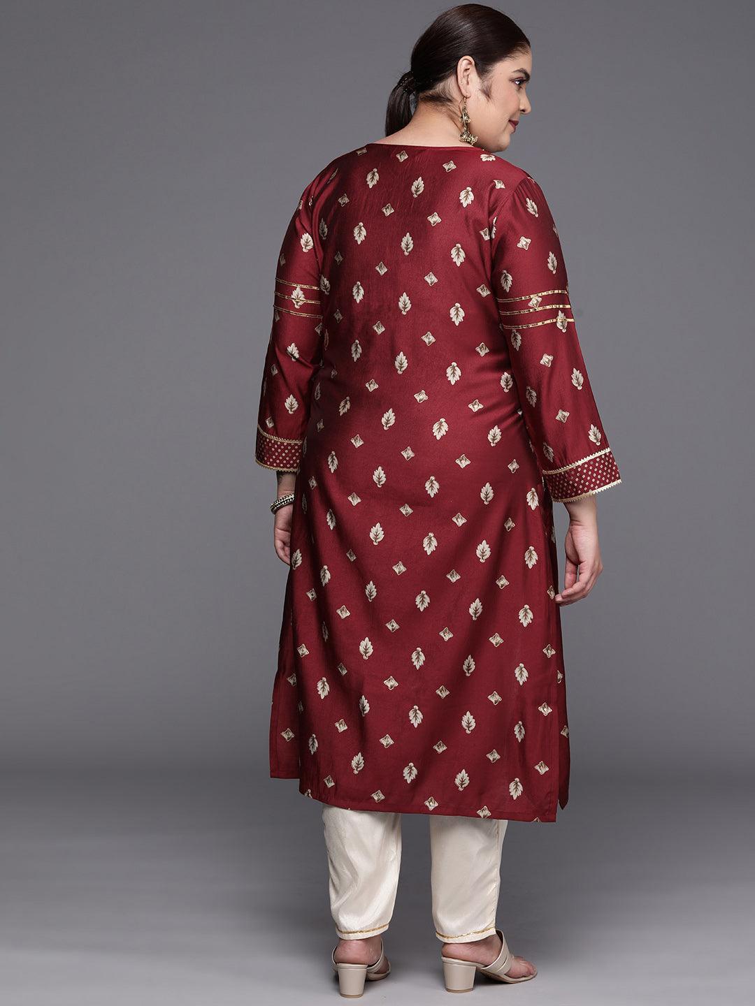 Plus Size Maroon Printed Silk Straight Kurta - ShopLibas