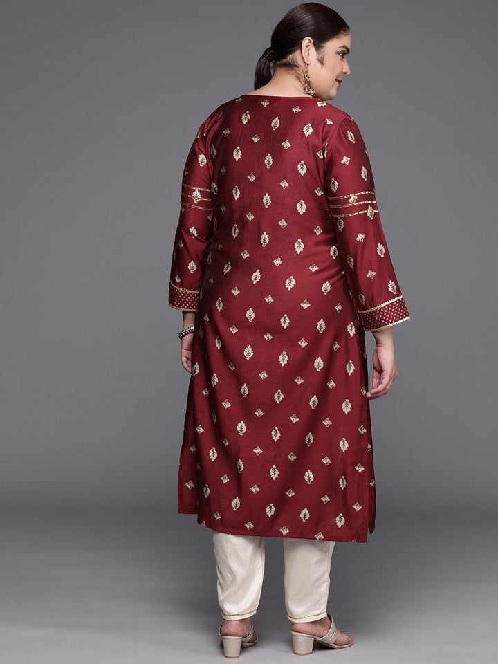 Plus Size Maroon Printed Silk Straight Kurta
