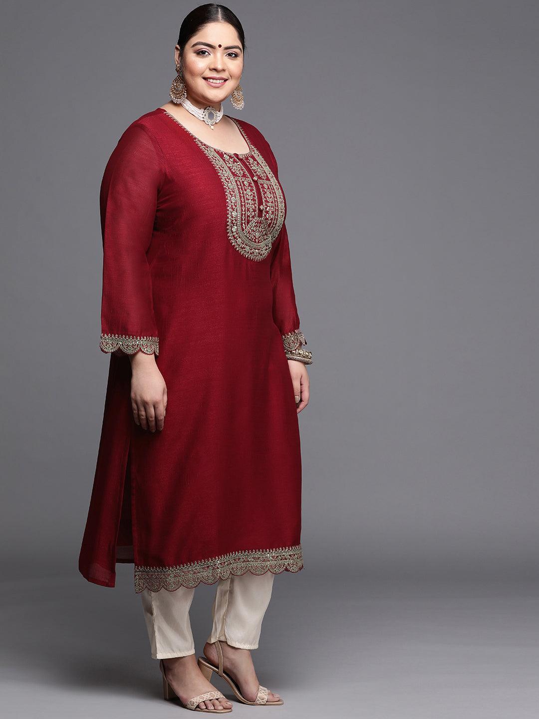Plus Size Maroon Yoke Design Silk Kurta - ShopLibas
