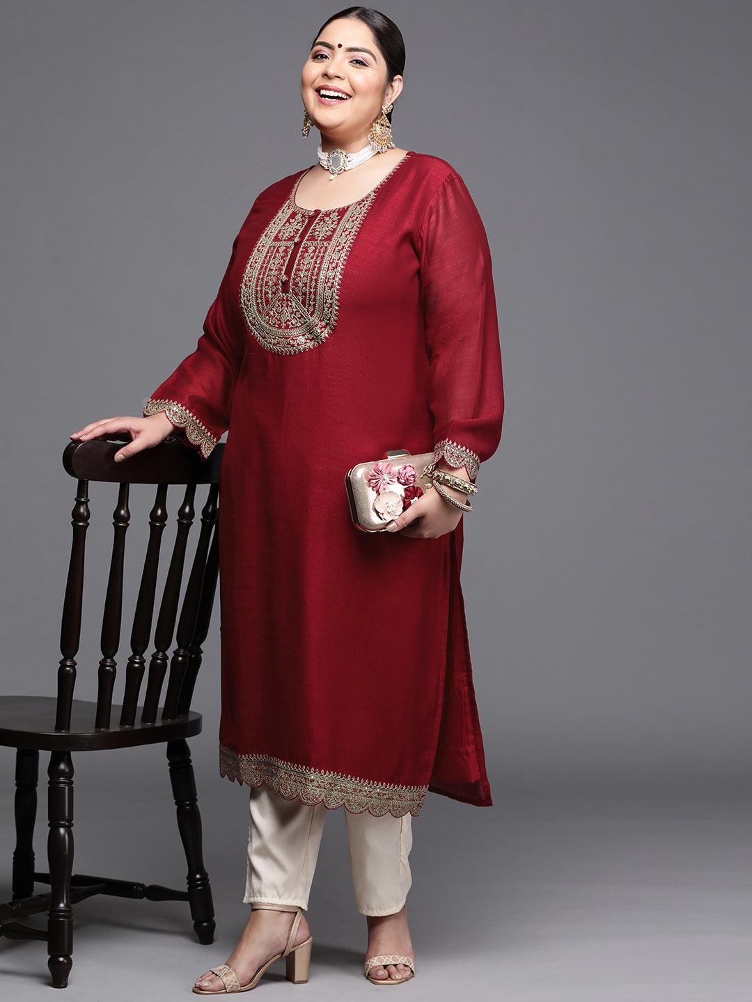 Plus Size Maroon Yoke Design Silk Kurta - ShopLibas