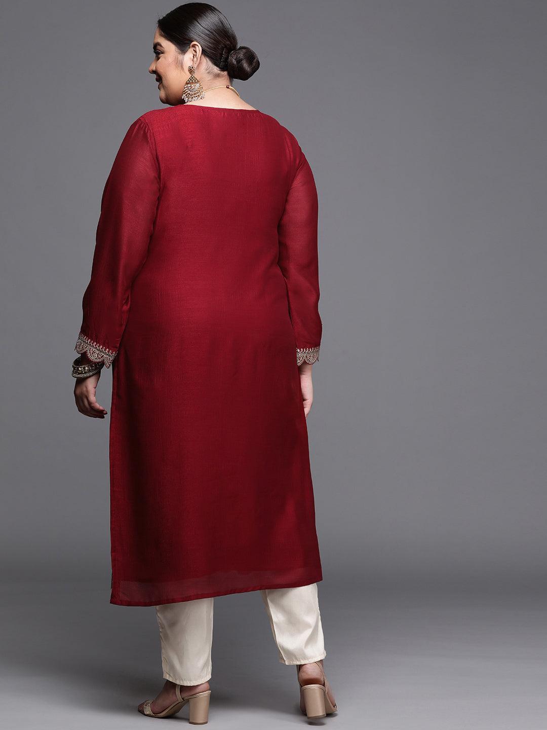 Plus Size Maroon Yoke Design Silk Kurta - ShopLibas