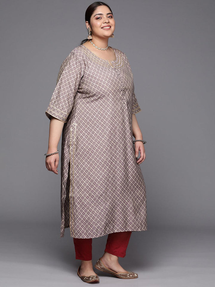 Plus Size Mauve Printed Silk Straight Kurta