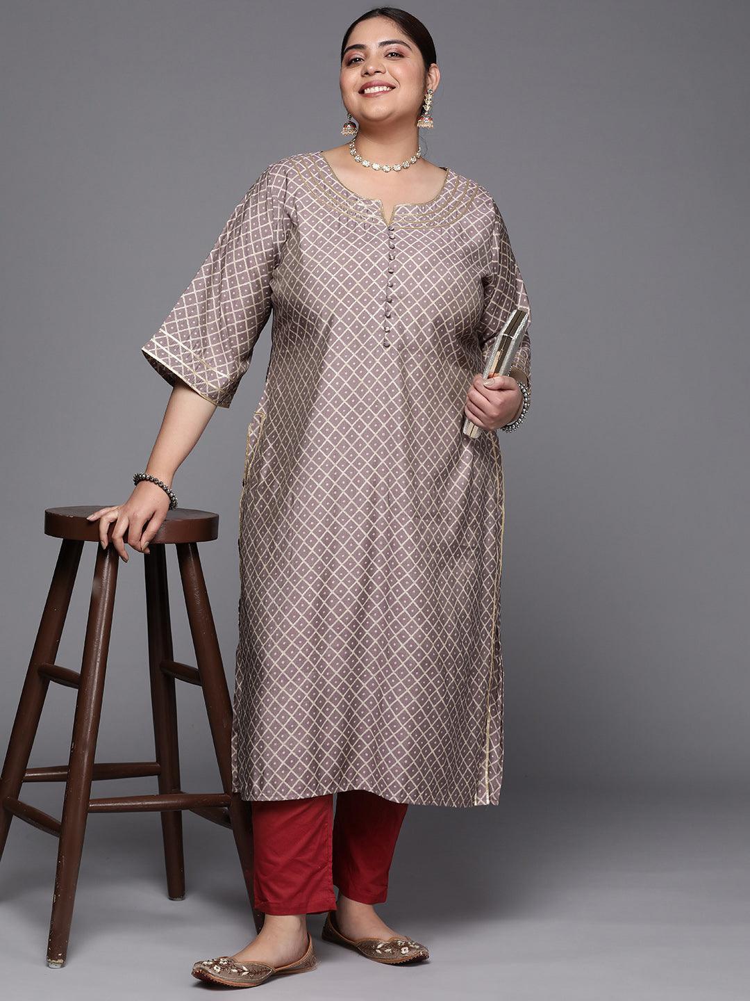 Plus Size Mauve Printed Silk Straight Kurta - ShopLibas
