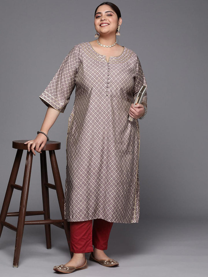Plus Size Mauve Printed Silk Straight Kurta