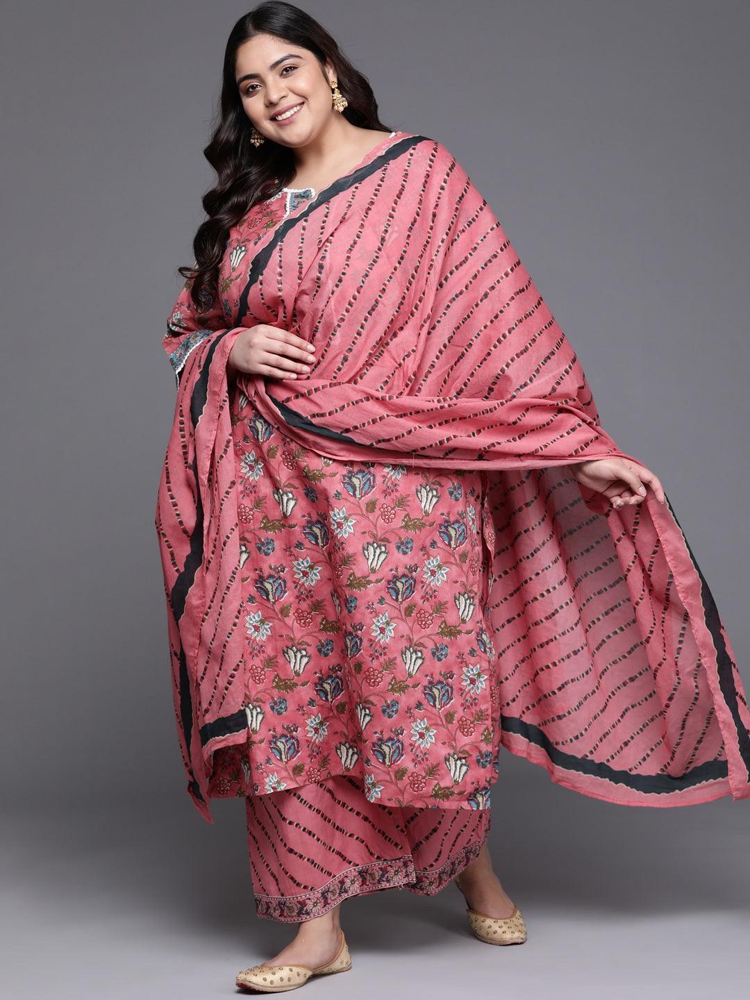 Plus Size Multi Printed Cotton Straight Suit Set - Libas