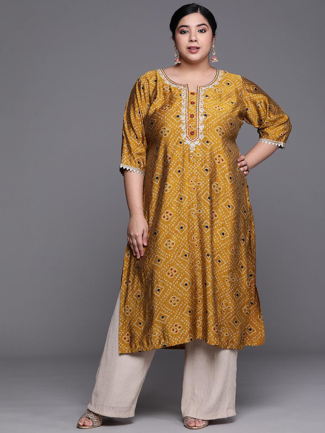 Plus Size Mustard Printed Chanderi Silk Kurta - ShopLibas