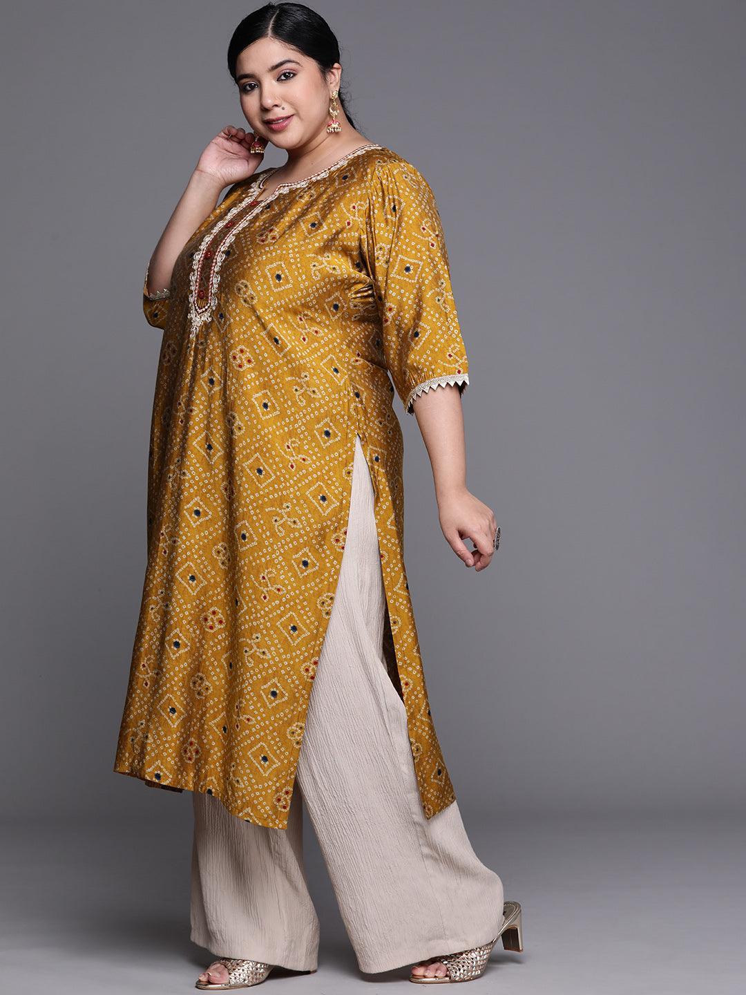 Plus Size Mustard Printed Chanderi Silk Kurta - ShopLibas