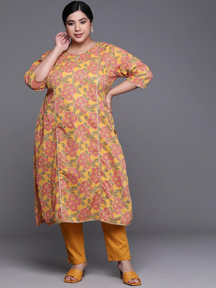 Plus Size Mustard Printed Cotton Kurta