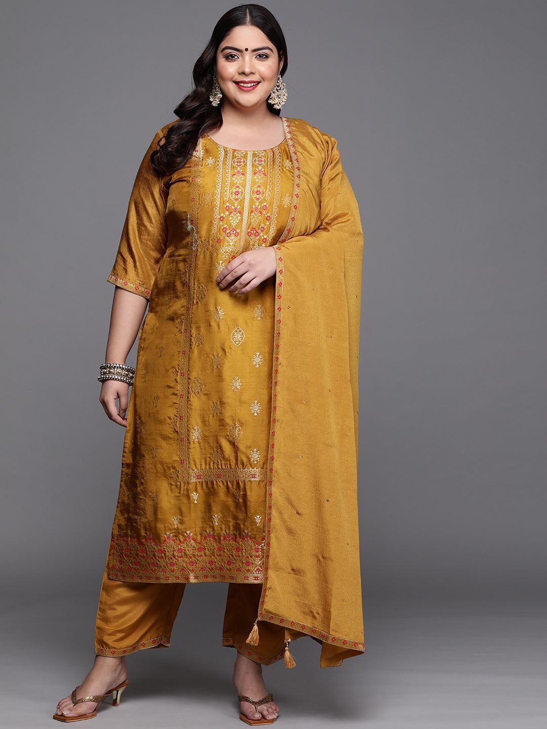 Plus Size Mustard Self Design Silk Blend Suit Set - ShopLibas
