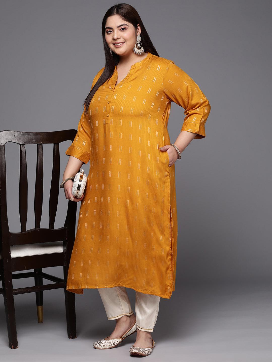 Plus Size Mustard Woven Design Rayon Straight Kurta - ShopLibas