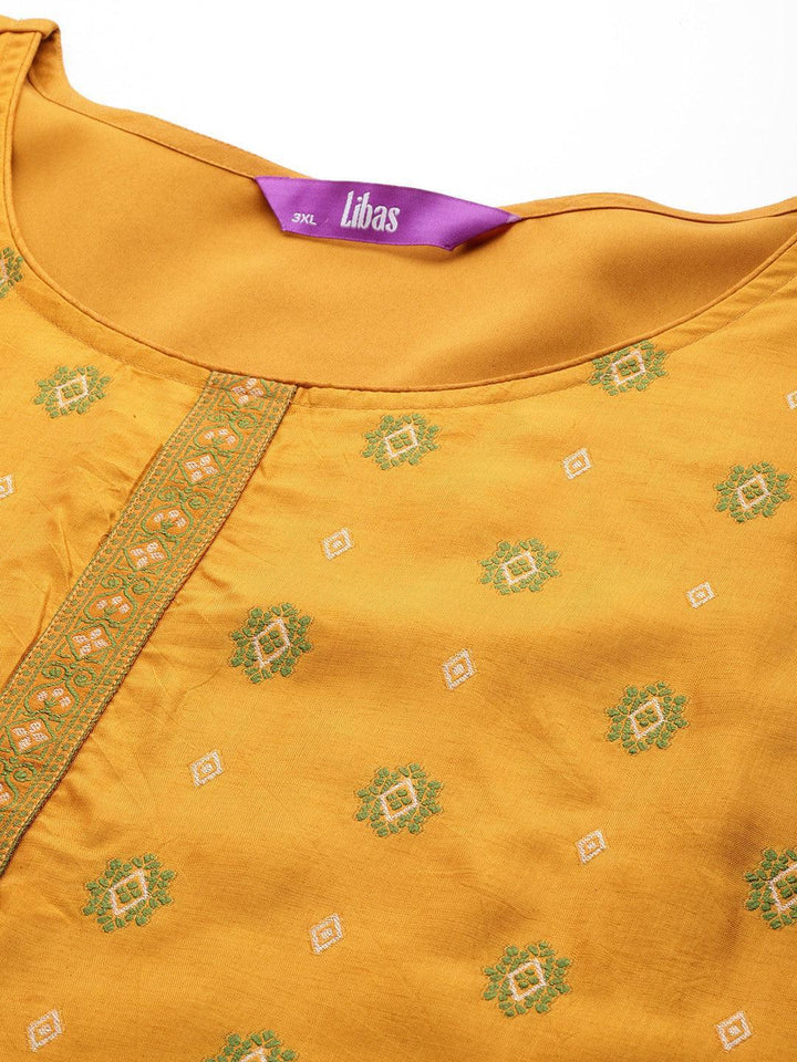 Plus Size Mustard Woven Design Silk Blend Straight Kurta With Trousers & Dupatta